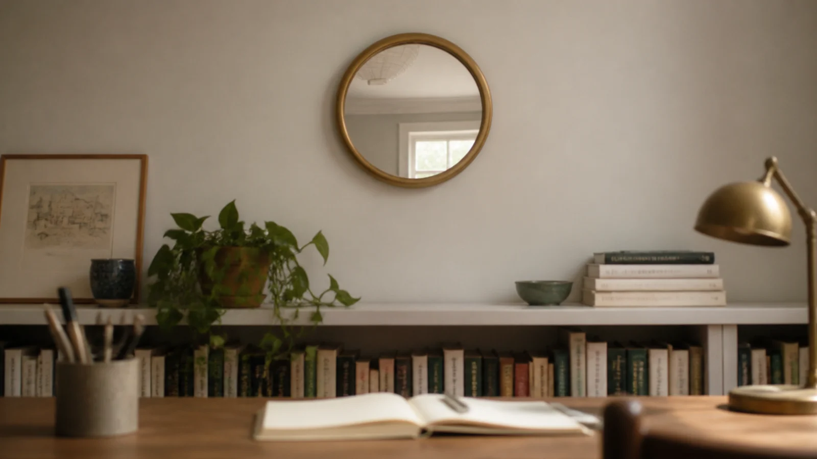 small round mirror hung high above a desk reflecting the ceiling