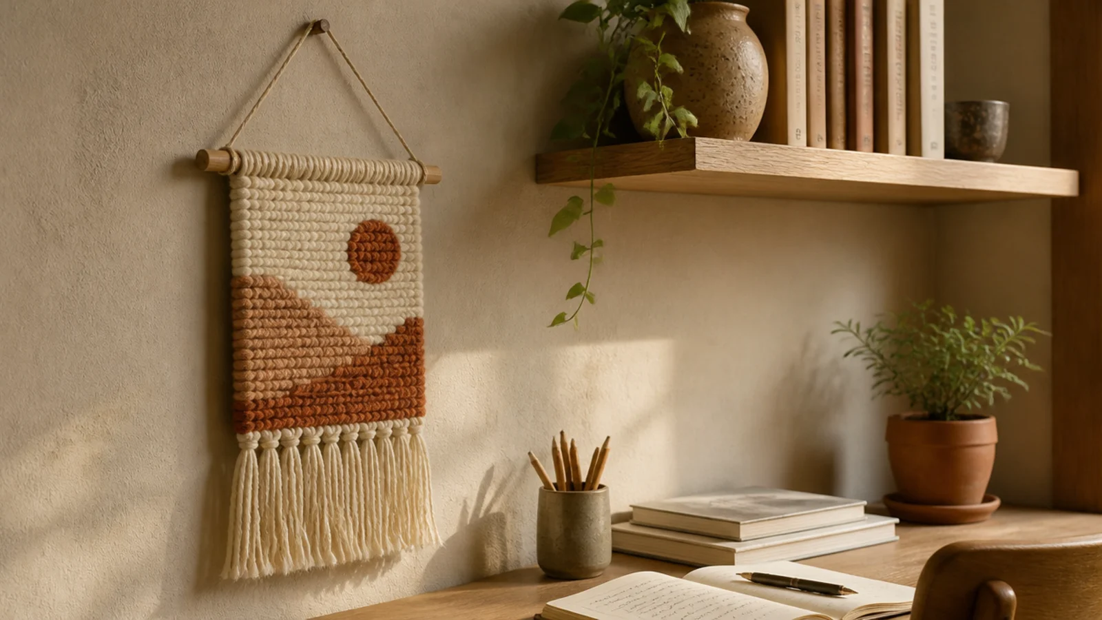 small woven wall hanging in wool beside a study table shelf