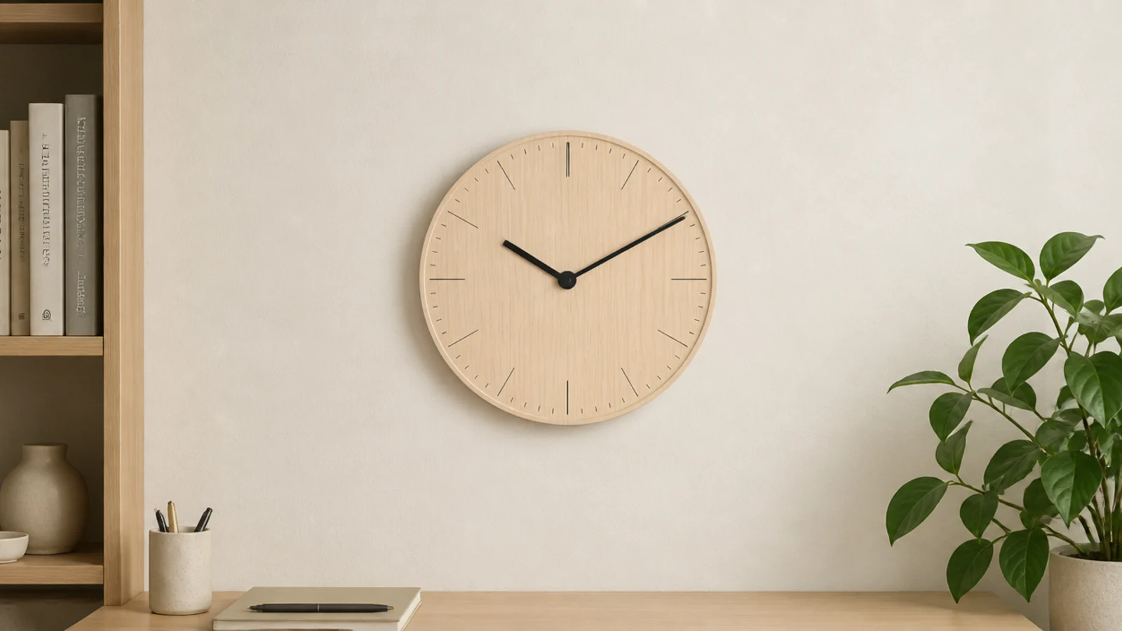 plain wall clock hung at standing eye level near a study desk