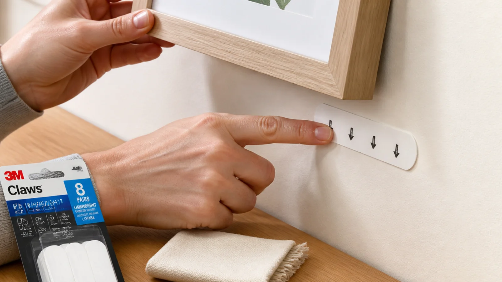 adhesive picture strip pressed onto a wall behind a light frame