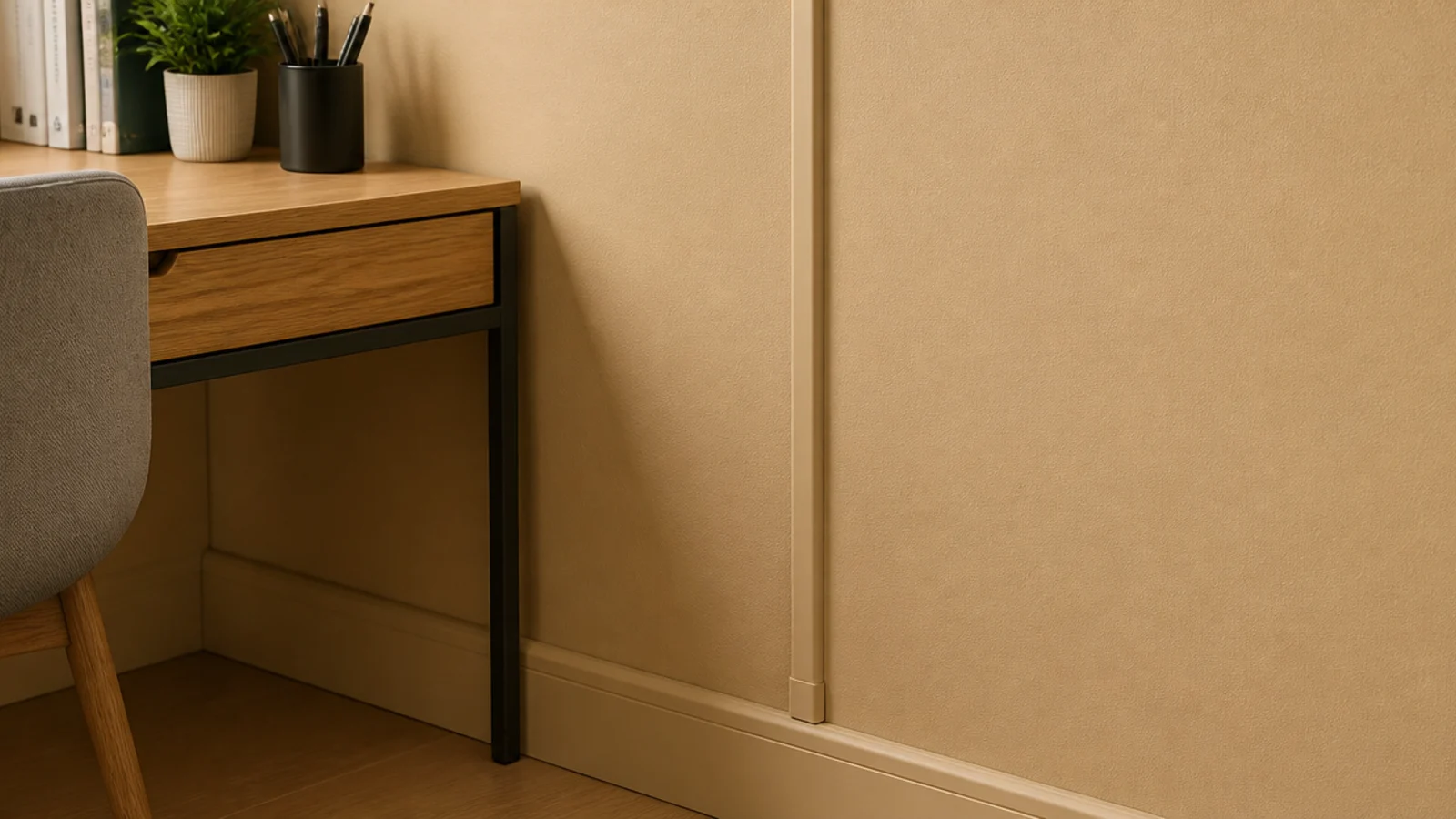 slim cable channel painted to match the wall beside a desk