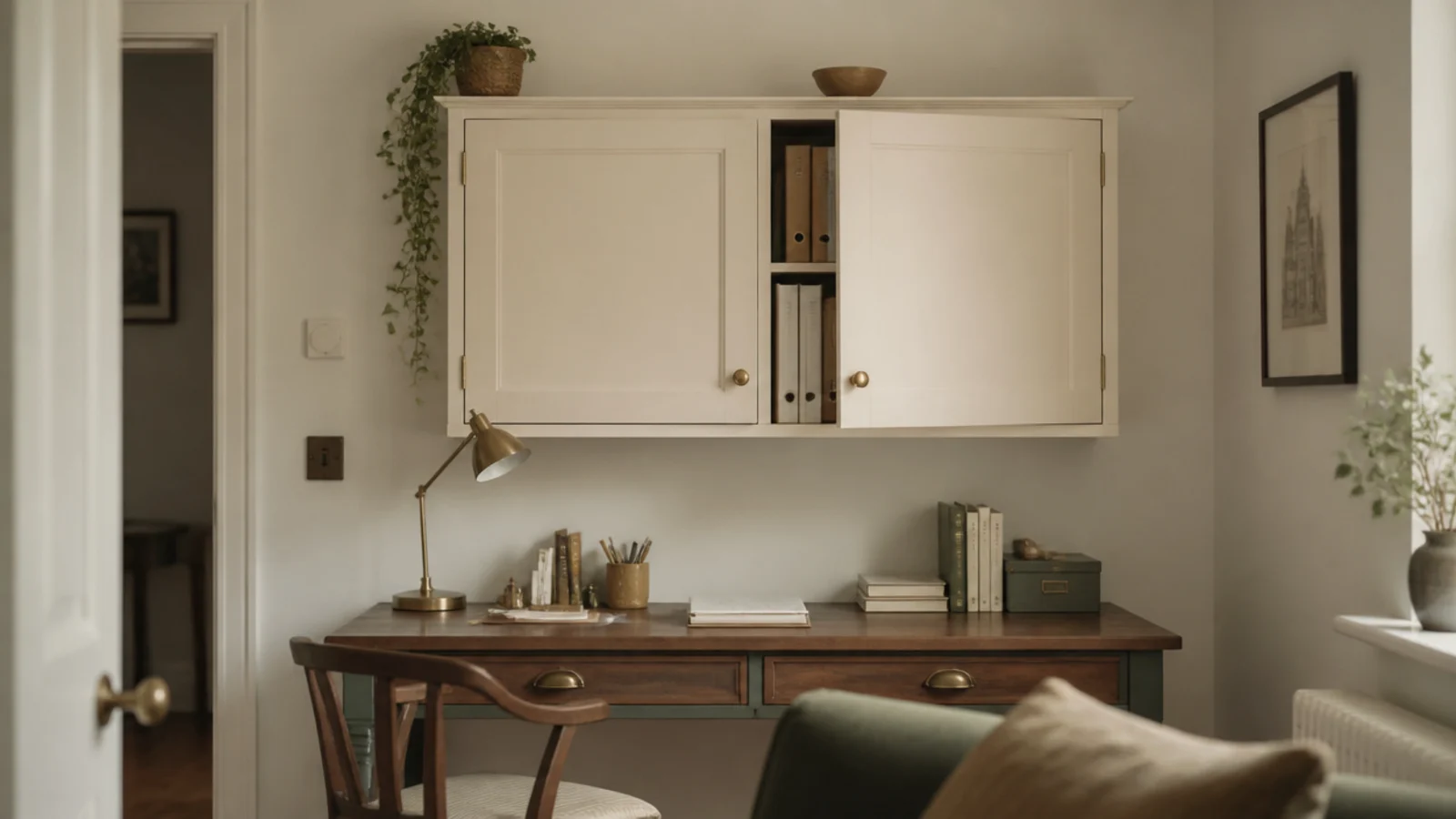 shallow wall cabinet with closed doors above a study table