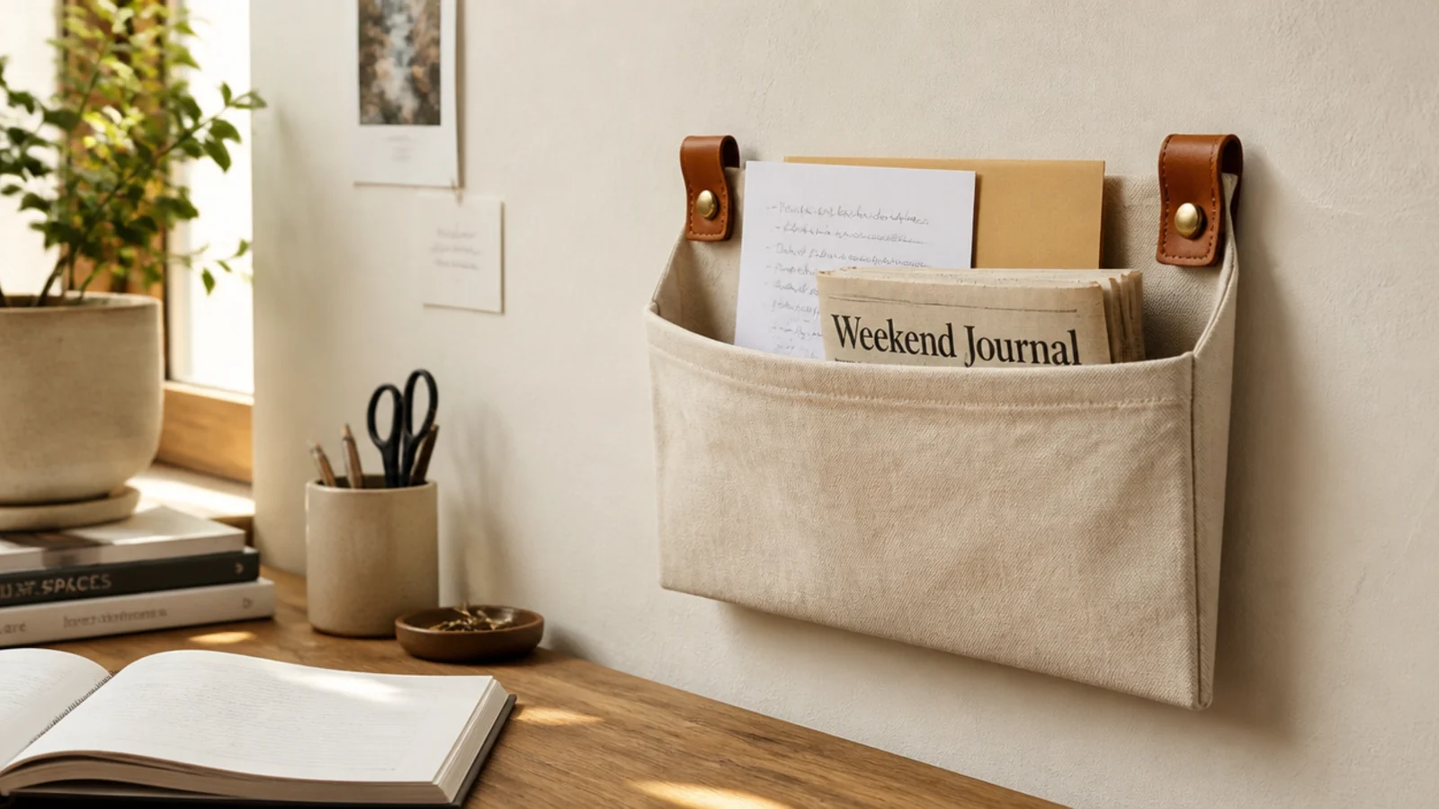 canvas wall pocket beside a desk holding current papers upright