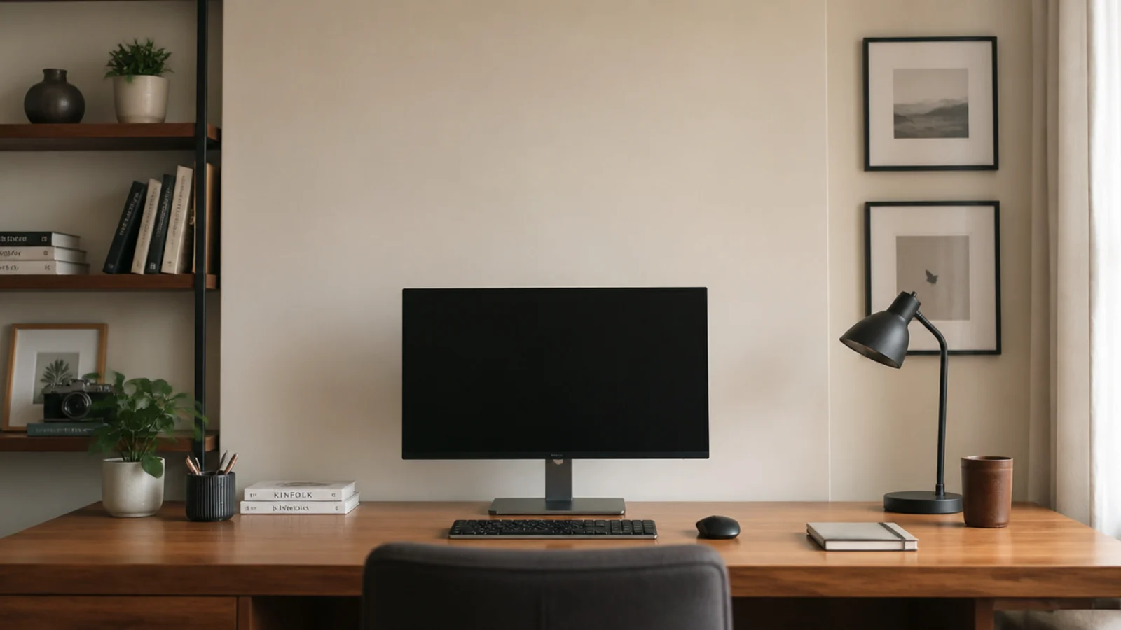 bare plaster wall directly behind a monitor with decor either side