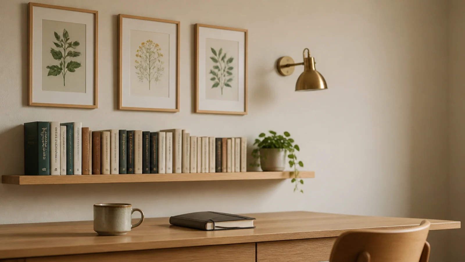 framed prints and shelves on a study table wall above the desk