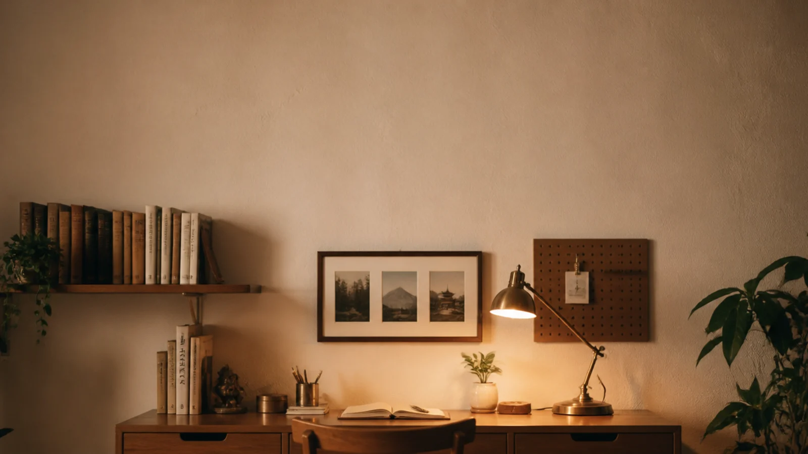 tall study table wall with shelf frames pegboard and warm desk lamp