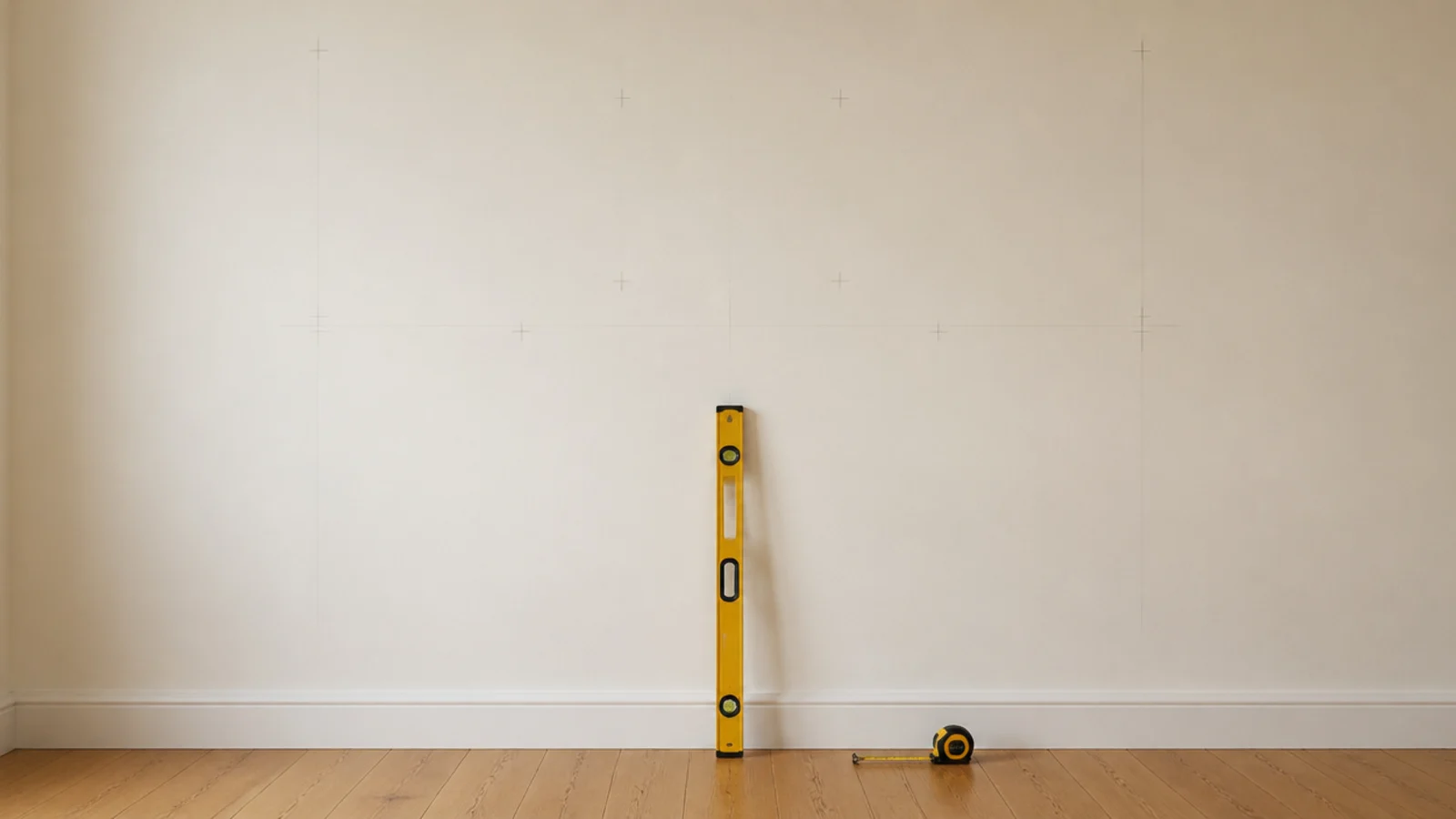 empty study room wall marked with pencil lines and a level