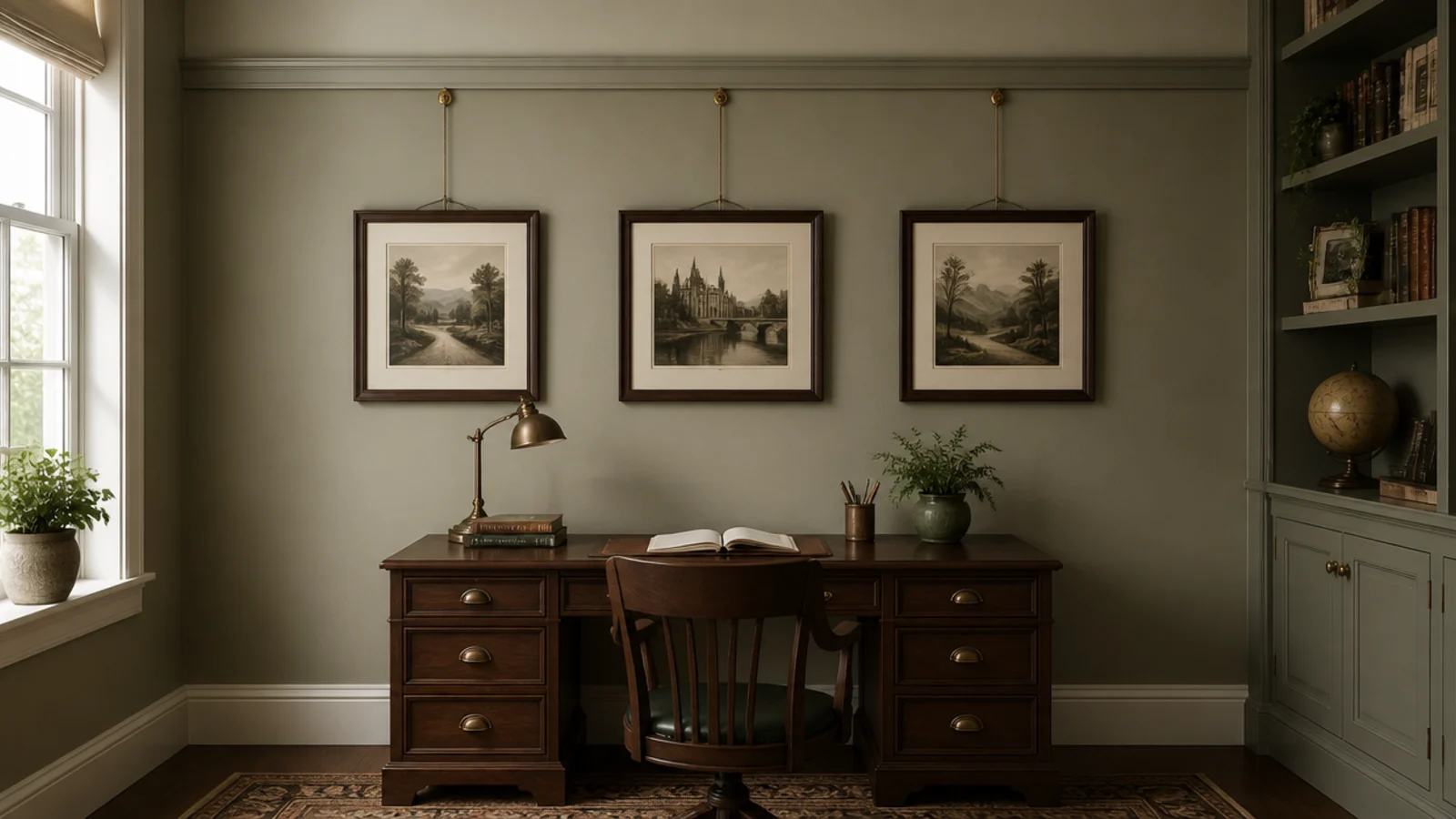 timber picture rail with prints hanging on cords below it