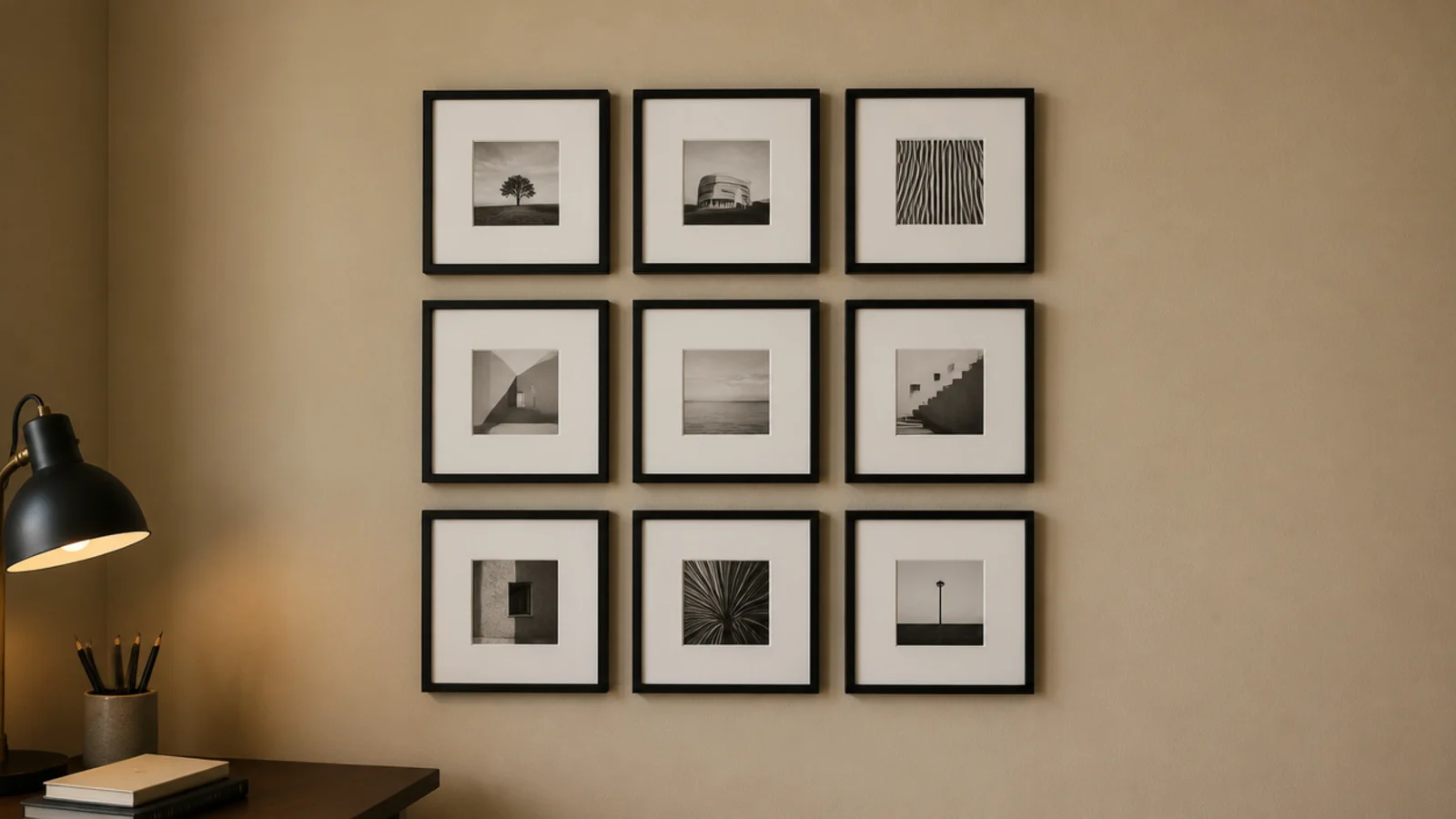 nine small matching frames in a tight grid on a side wall