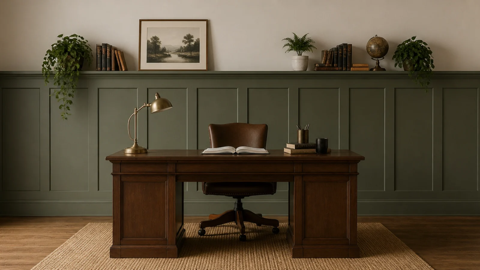 half height panelling ending in a clean line behind a desk
