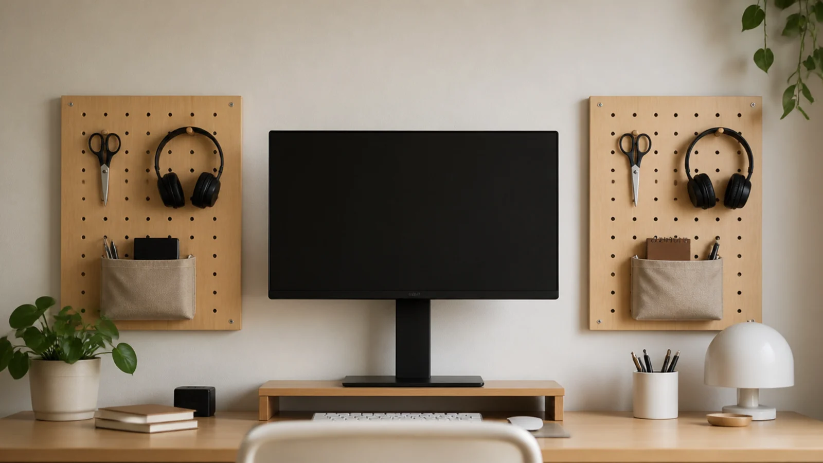two small pegboards mounted either side of a desk monitor