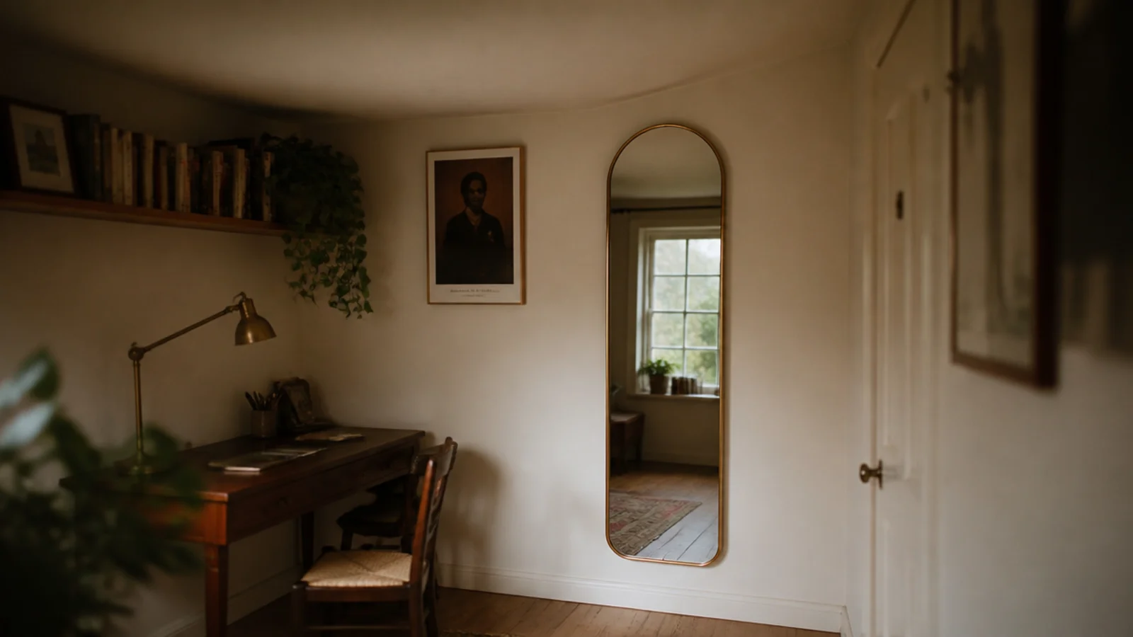 tall narrow mirror hung beside a desk in a low study room