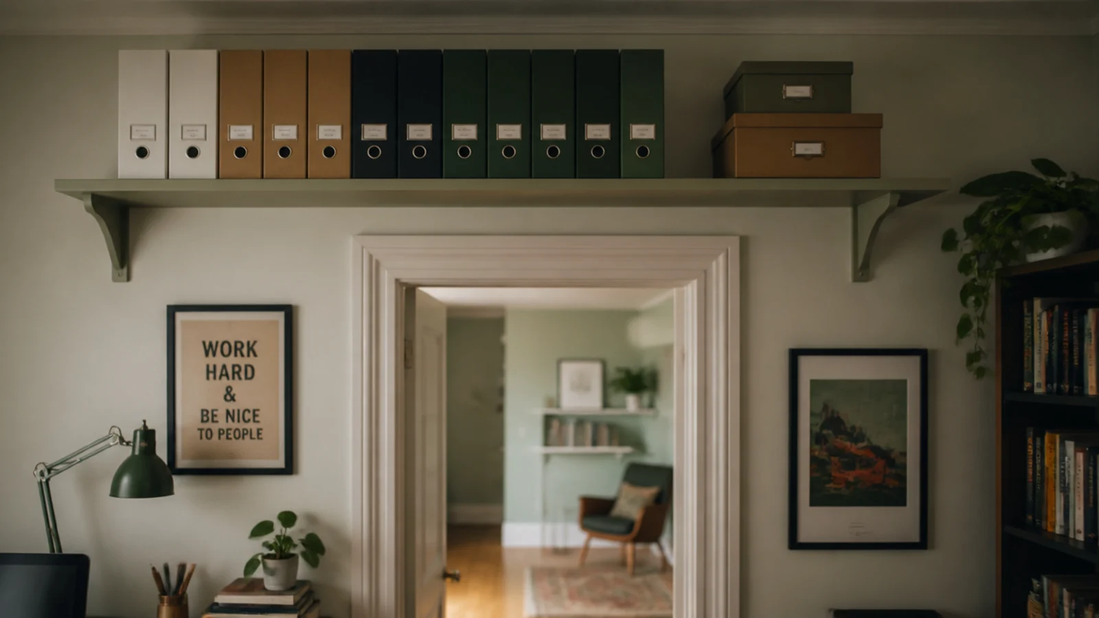 shelf running above a study room doorway holding box files