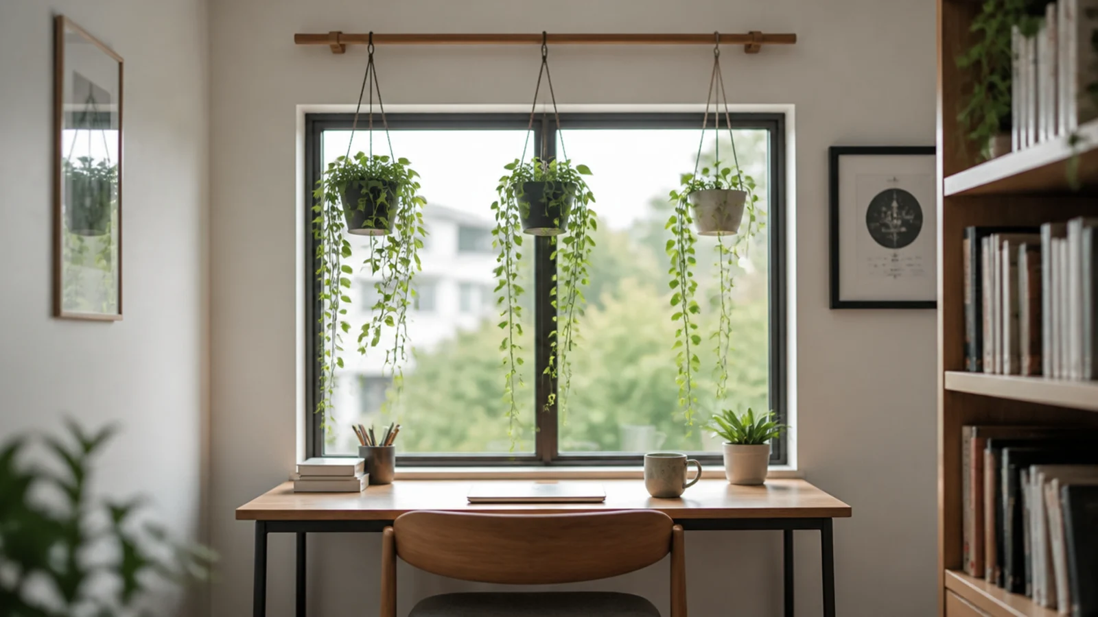 timber rail above a window holding small hanging plant pots