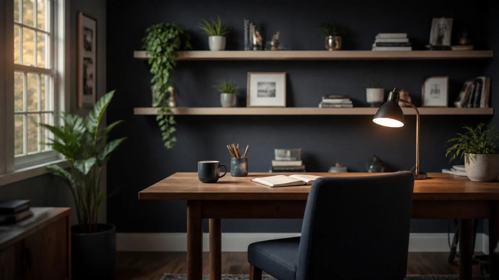 pale timber shelves standing out against a deep painted wall
