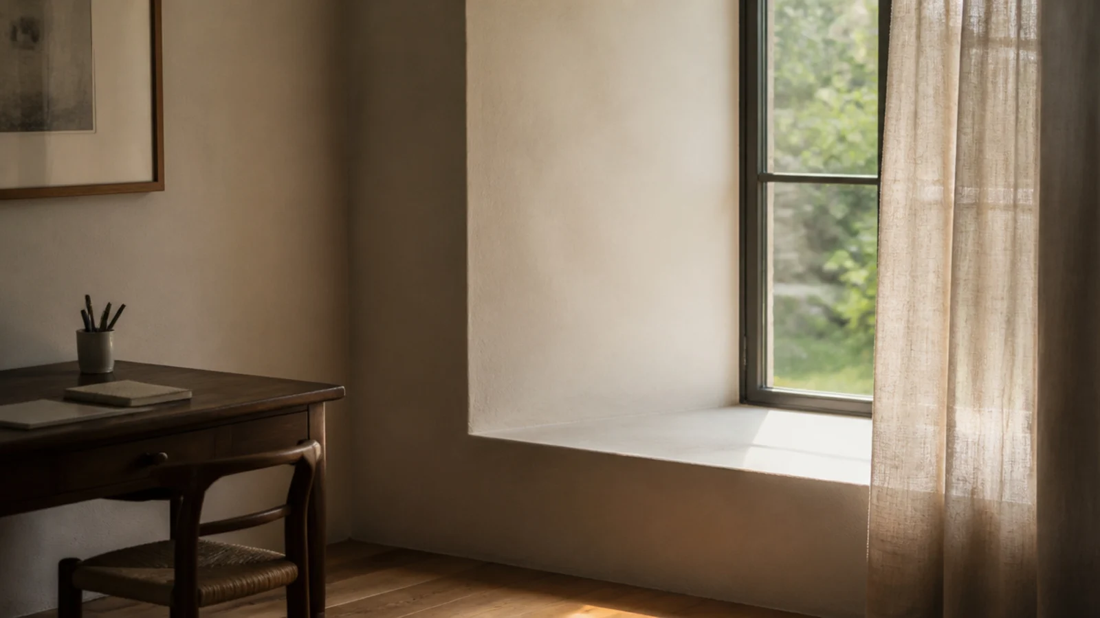 plain window reveal beside a desk left free of any decoration