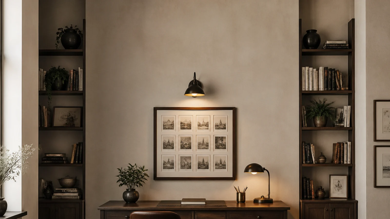 tall study room wall view with flanking shelves prints and desk lamp