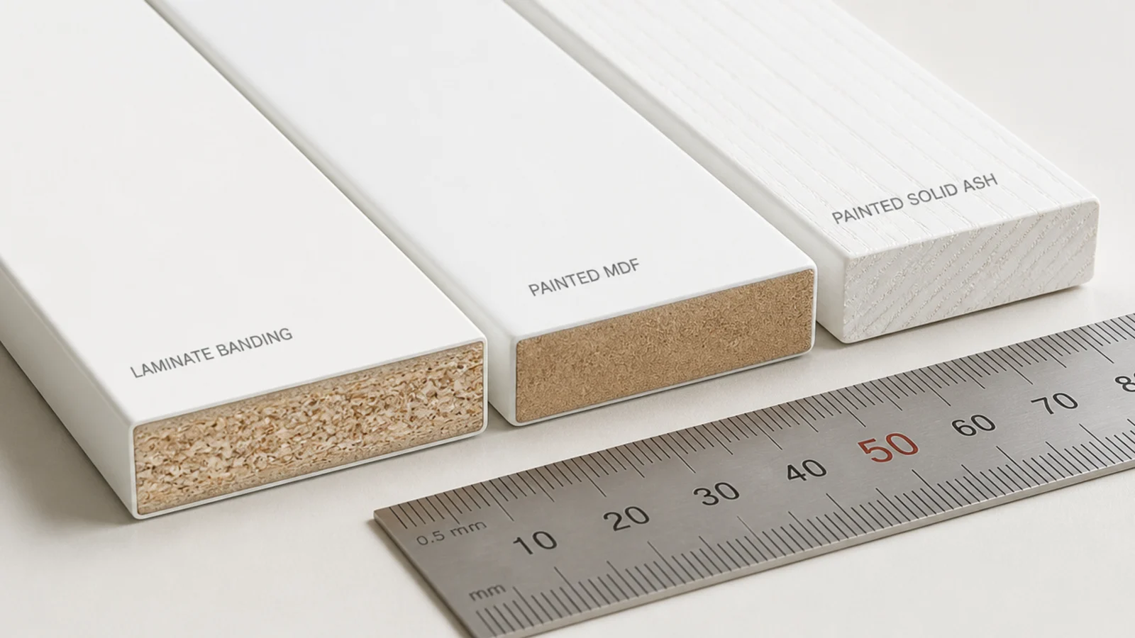 white desk edge samples in laminate painted MDF and solid ash