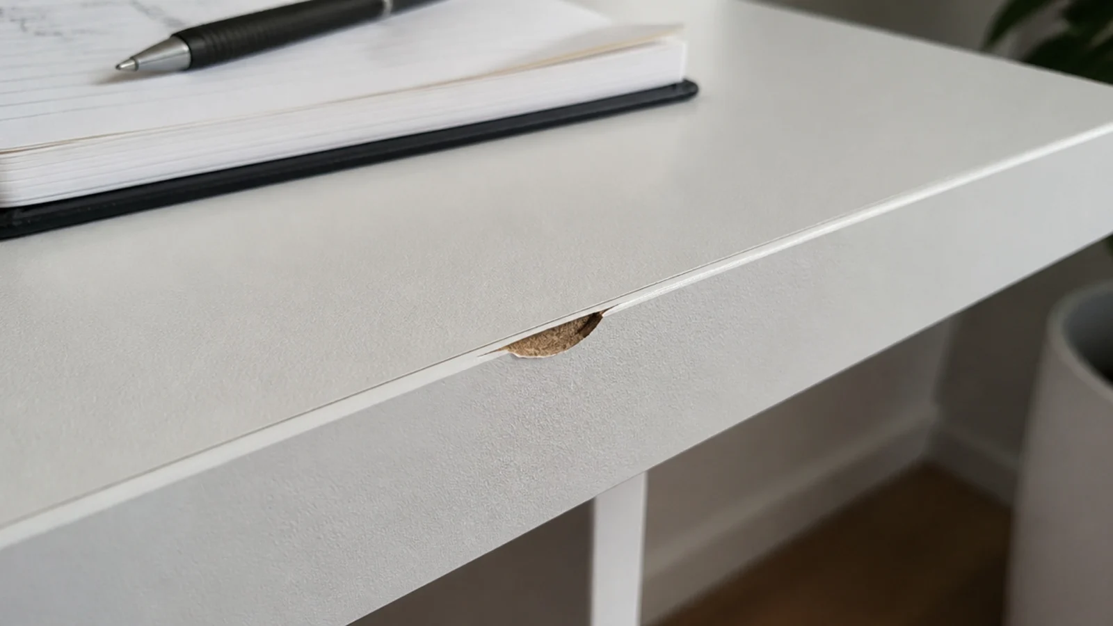 plain white laminate desk with a chipped front edge showing
