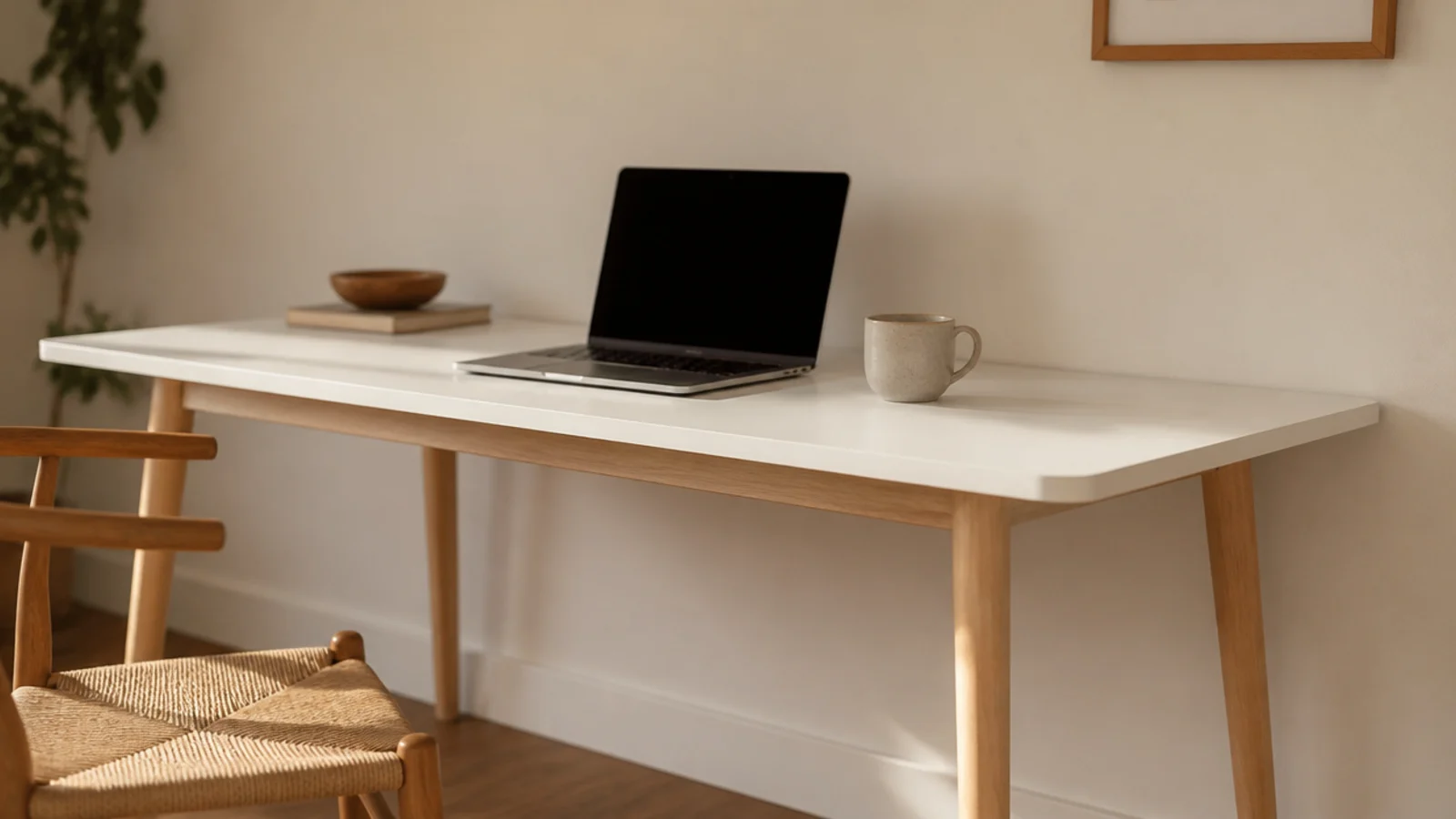 white painted MDF desk top sitting on pale solid timber legs
