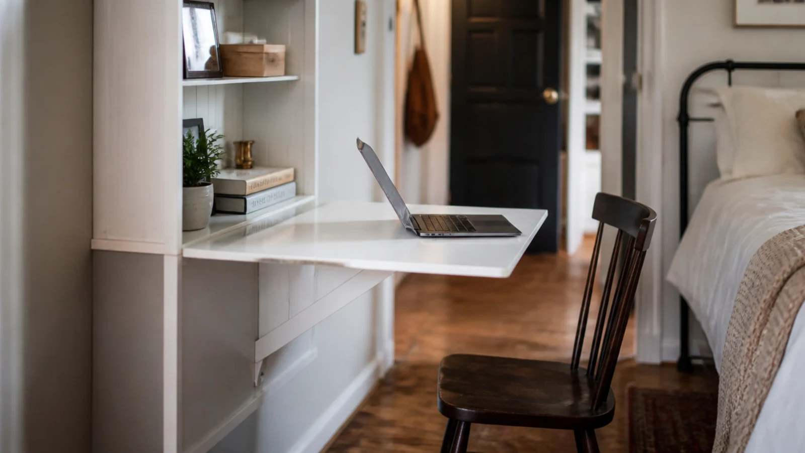 white fold down wall desk lowered in a narrow bedroom corner