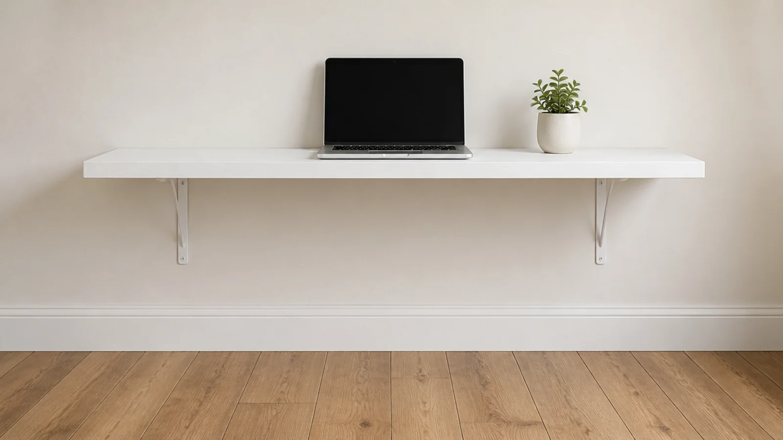white painted board fixed on two brackets as a wall desk
