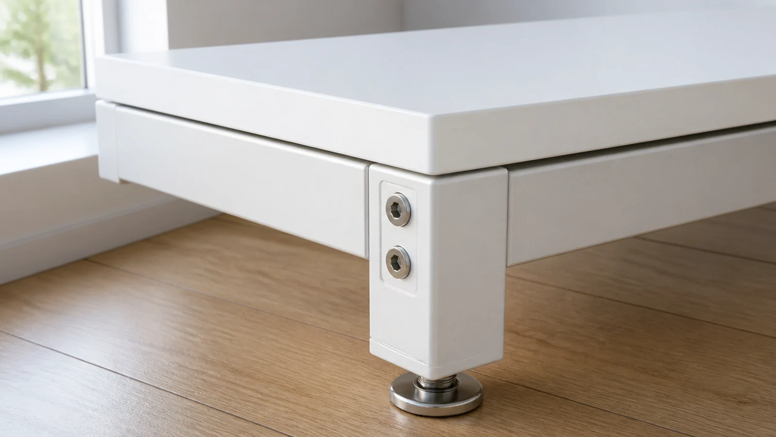 white powder coated metal desk frame supporting a plain top