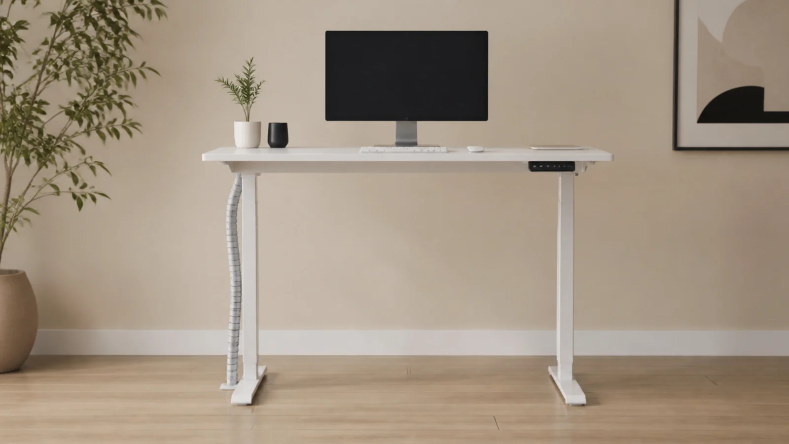 white sit stand desk raised with a monitor at standing height
