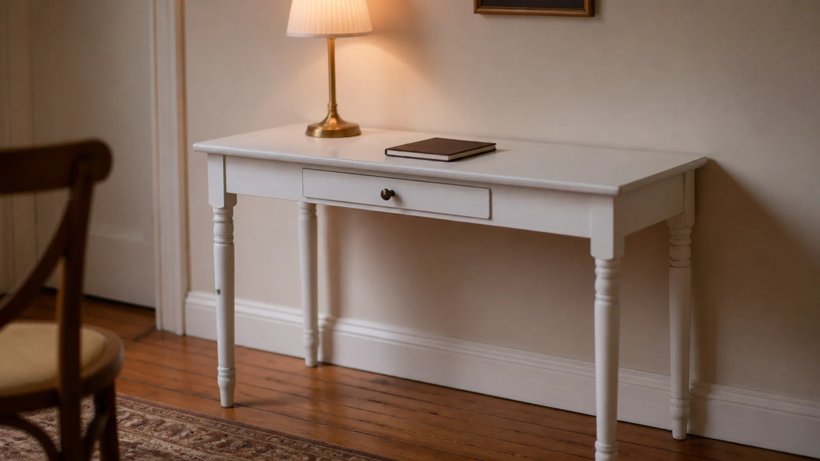 slim white writing desk with a single shallow drawer beneath