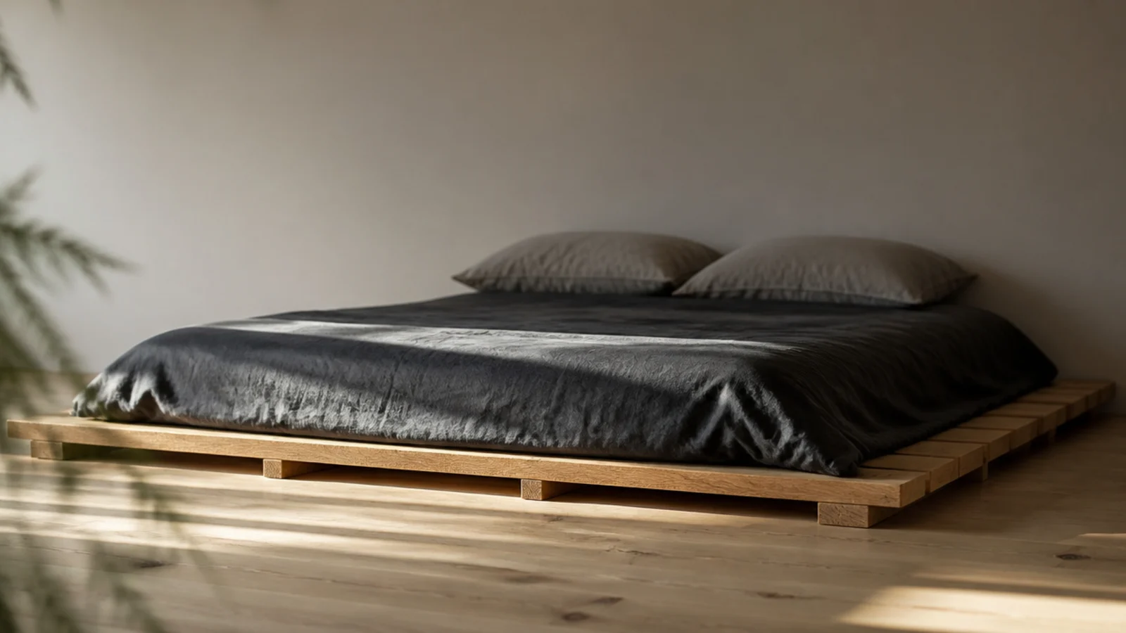 low slatted platform bed base sitting close to a bare timber floor