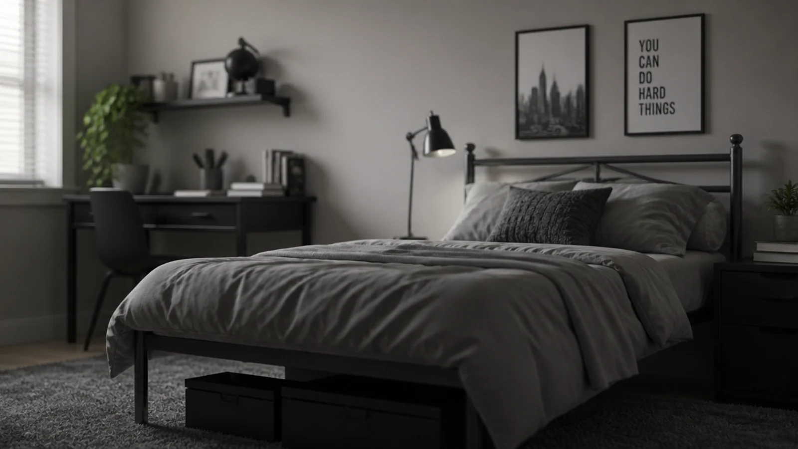 bedroom limited to pale wall mid grey textiles and near black hardware