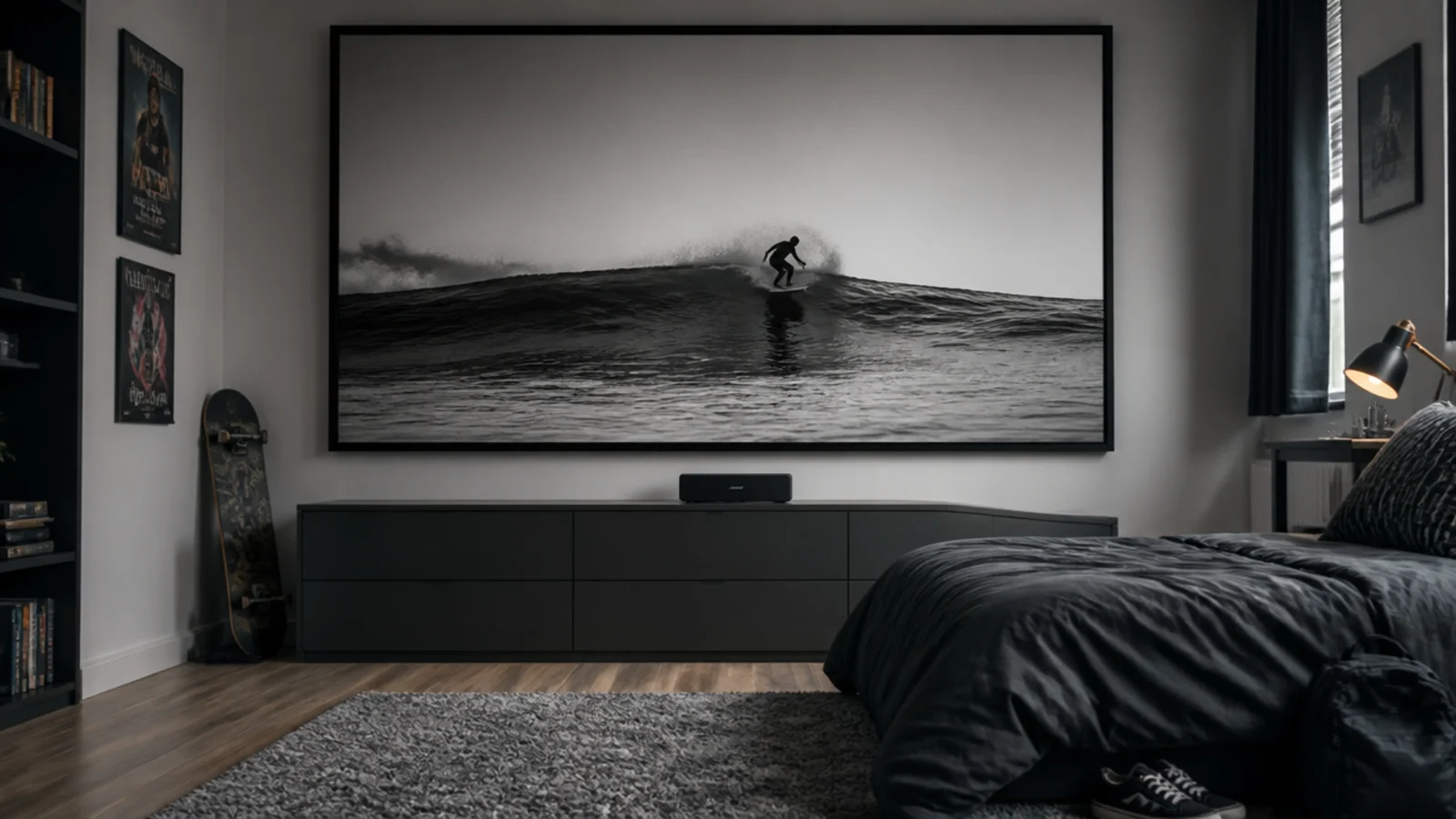 single large framed print filling a bedroom wall above a chest