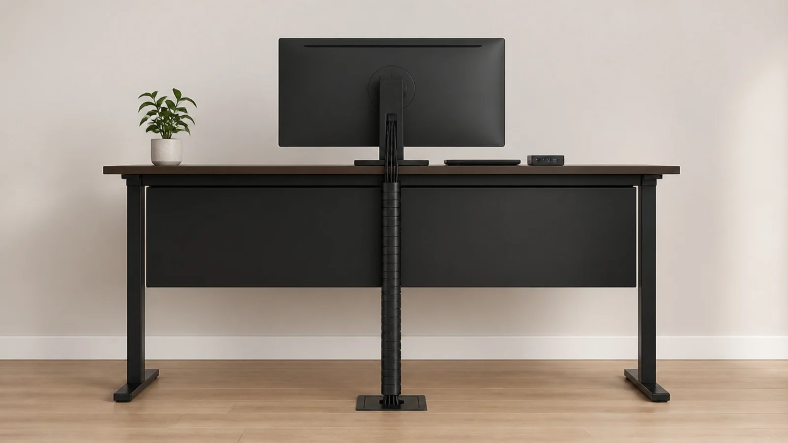 cables bundled into one vertical run down a desk leg