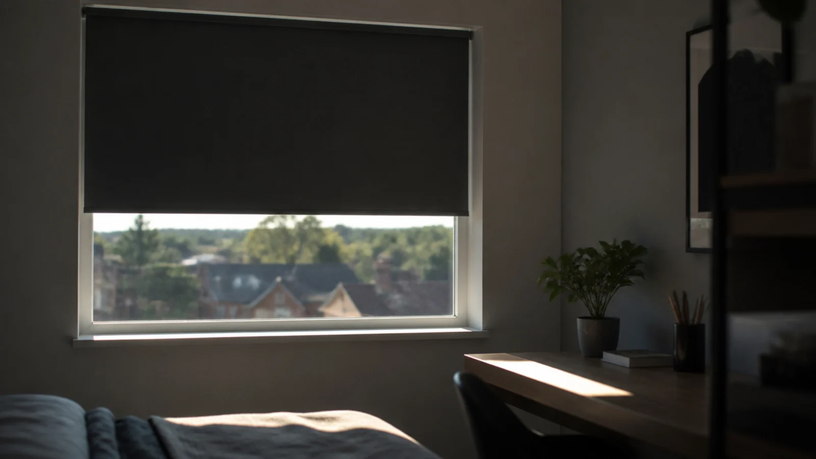 charcoal blackout roller blind pulled halfway down a bedroom window