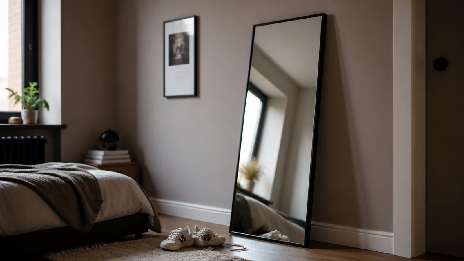 tall black framed mirror leaning against a bedroom wall beside a bed