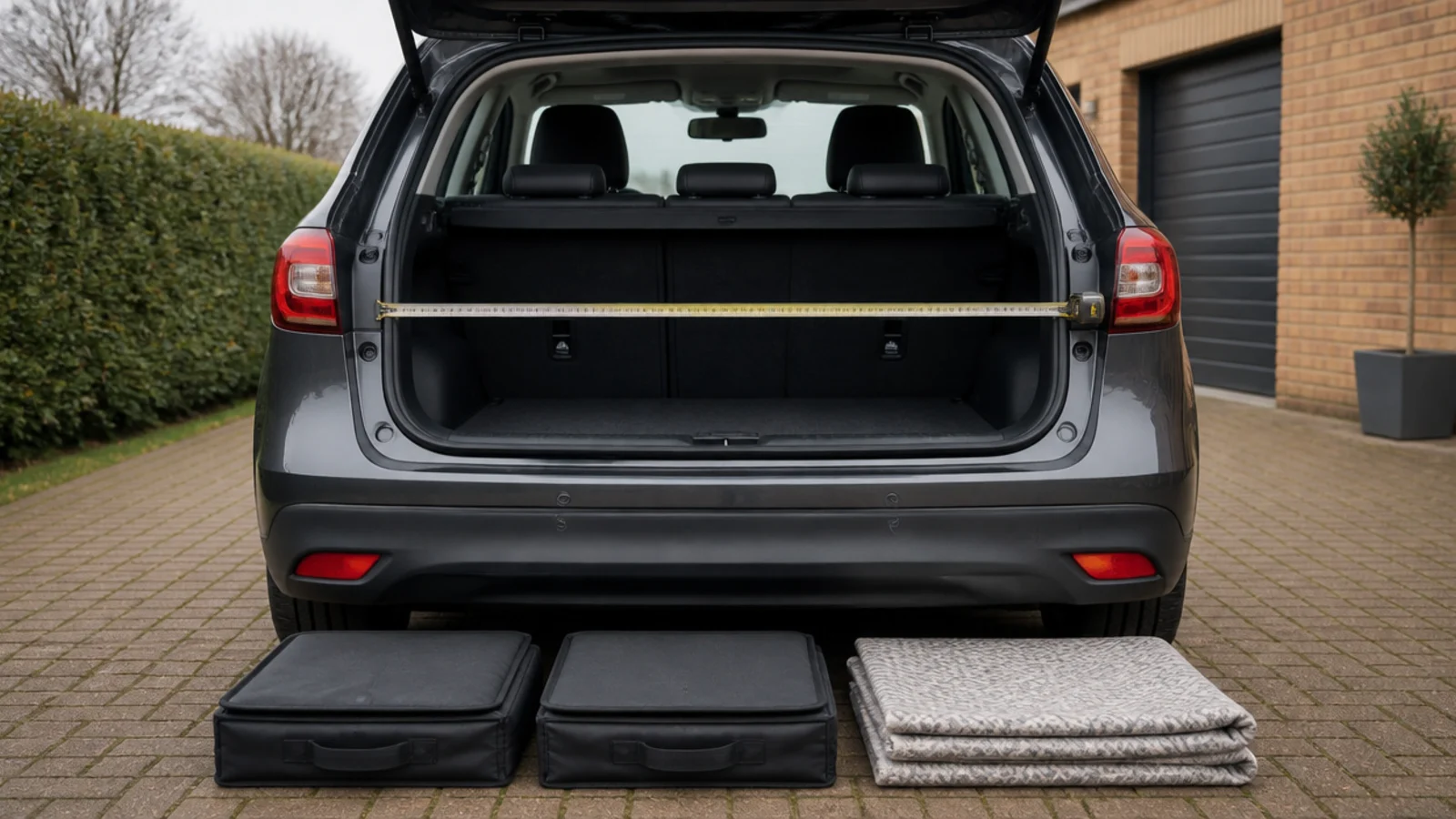 open car boot measured with a tape beside stacked storage cubes