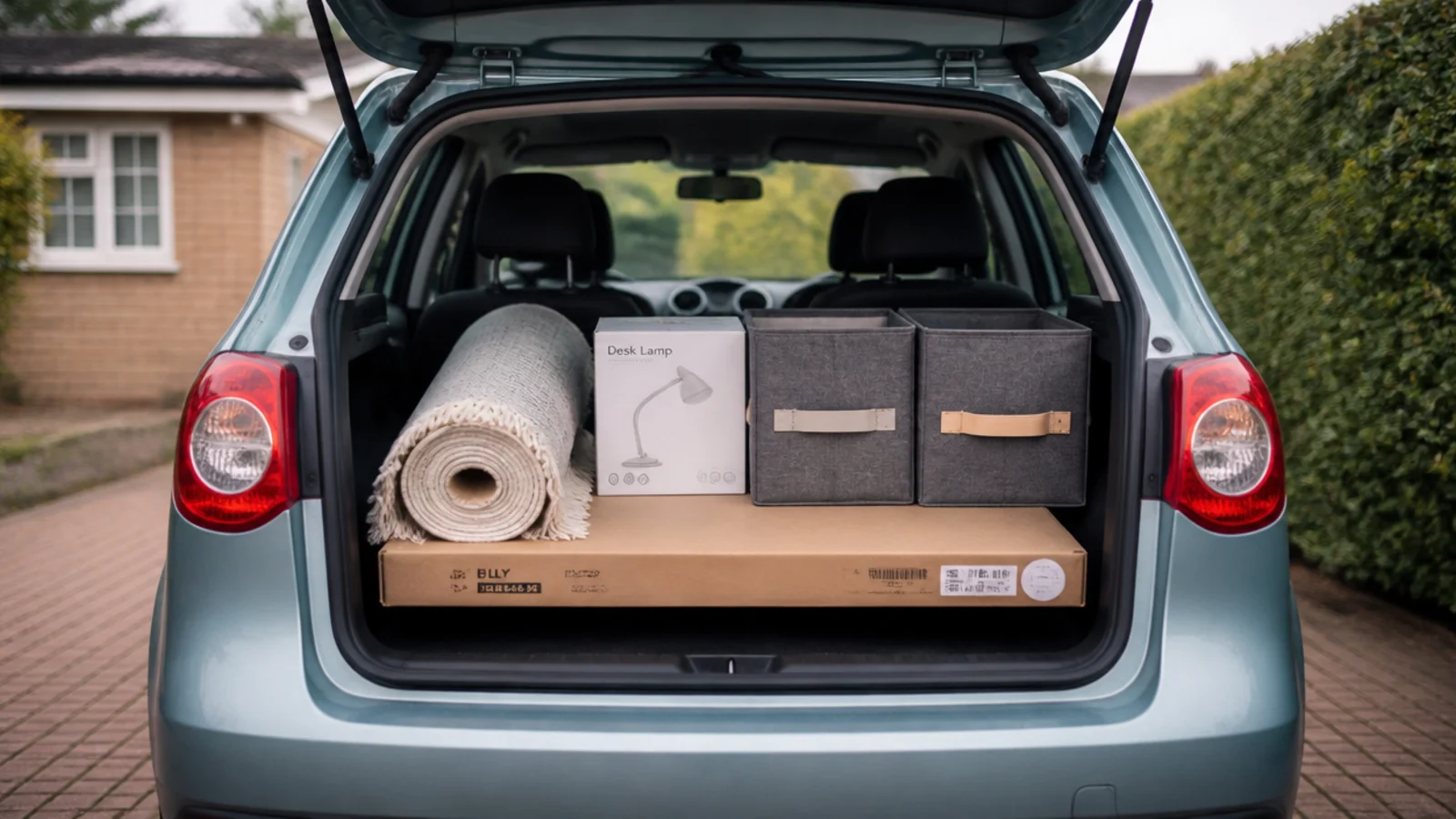 flat packed bookcase and folded rug loaded into a small car boot