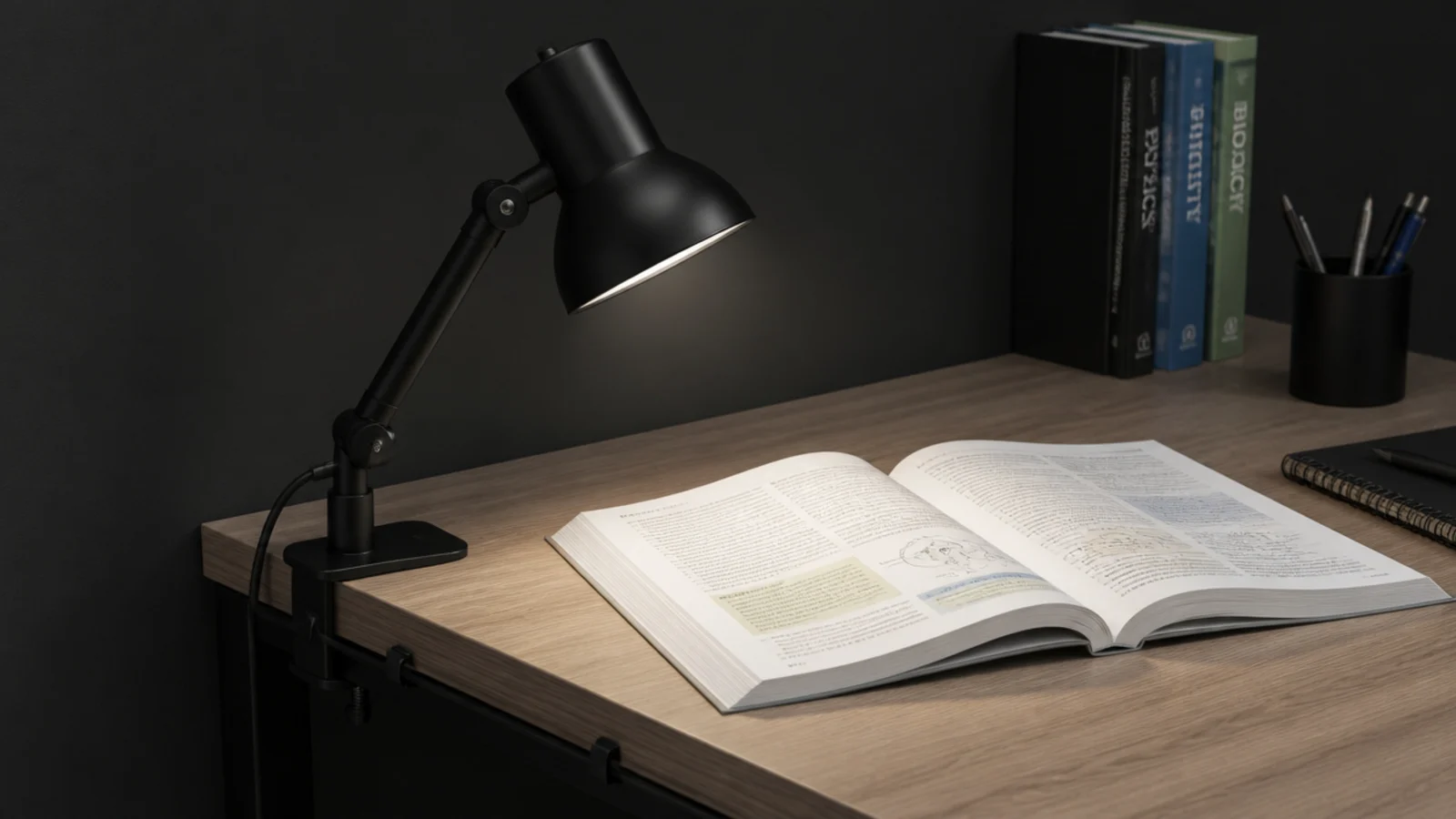 compact clamp desk lamp fixed to the rear edge of a study desk