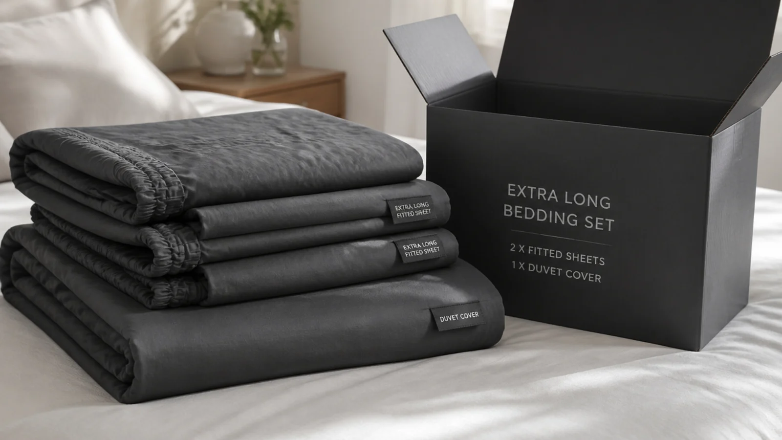 folded stack of extra long bedding beside a labelled storage box