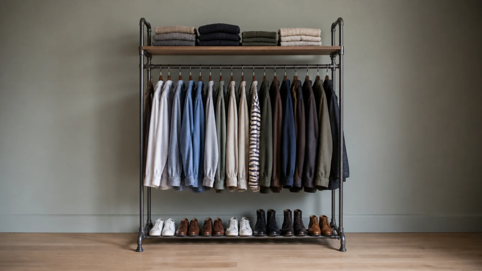 open clothes rail with folded shelves above in place of a wardrobe