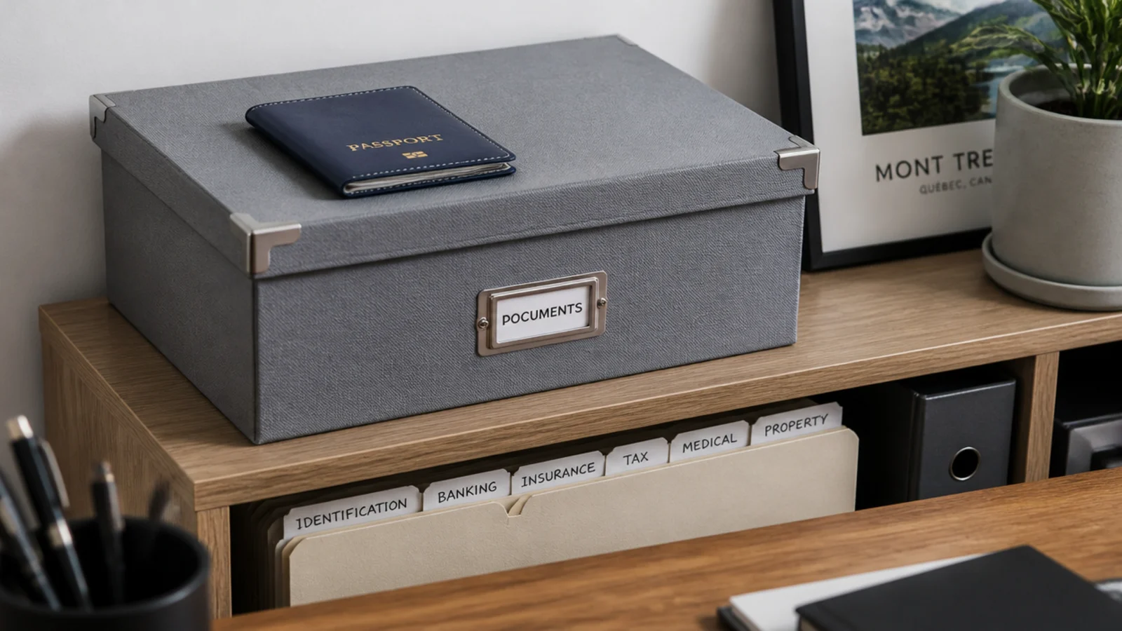 lidded document box holding labelled folders on a low shelf