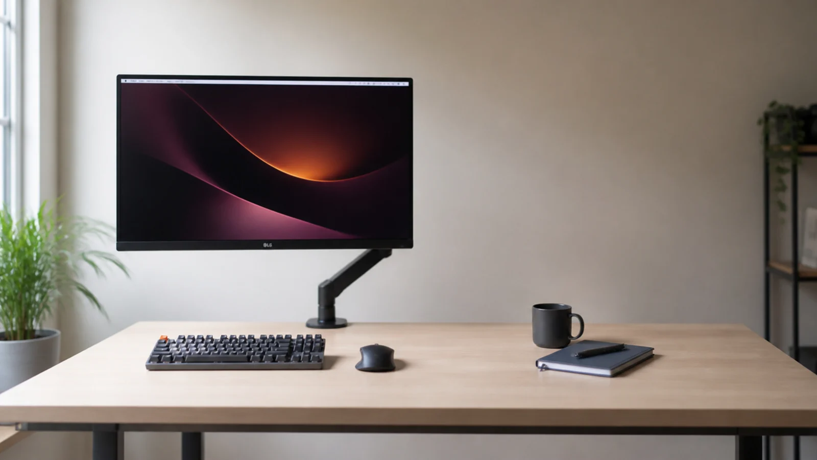 wide desk holding one monitor with clear space for a second