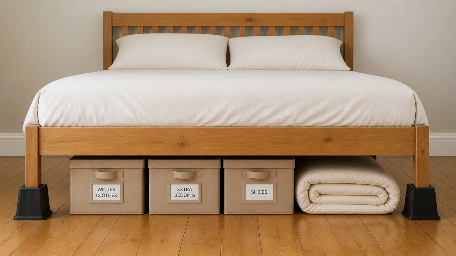bed risers lifting a frame to reveal boxes stored underneath