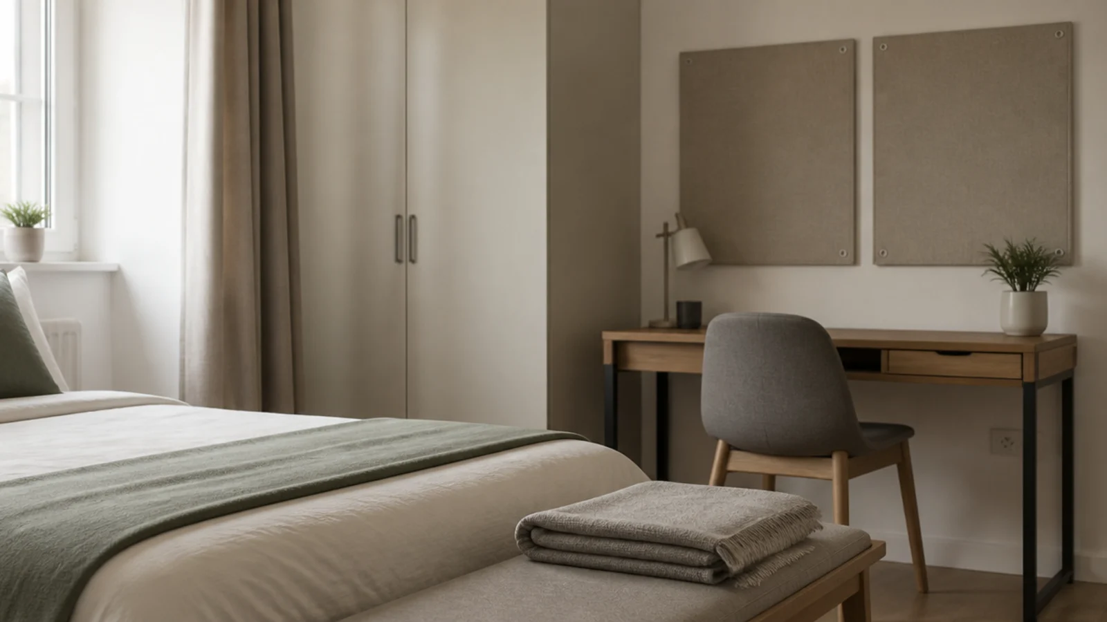 neutral bedroom with a proper mattress and removable display panels