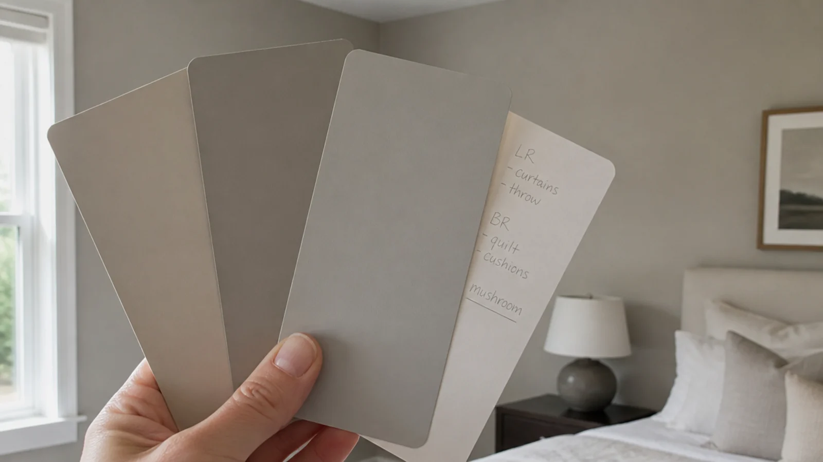 three neutral paint chips held against a bedroom wall in daylight