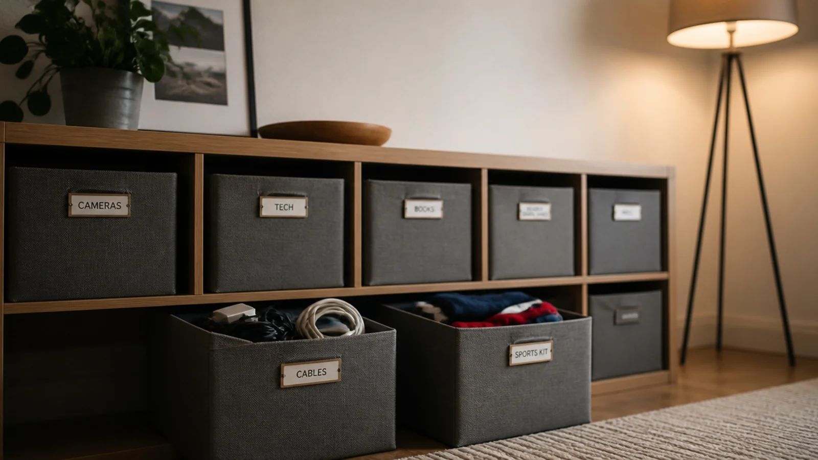 row of labelled fabric storage cubes filling a low bookcase