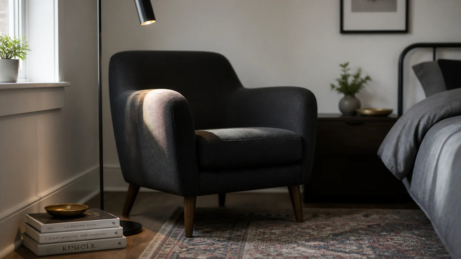 compact upholstered armchair in a bedroom corner with a floor lamp