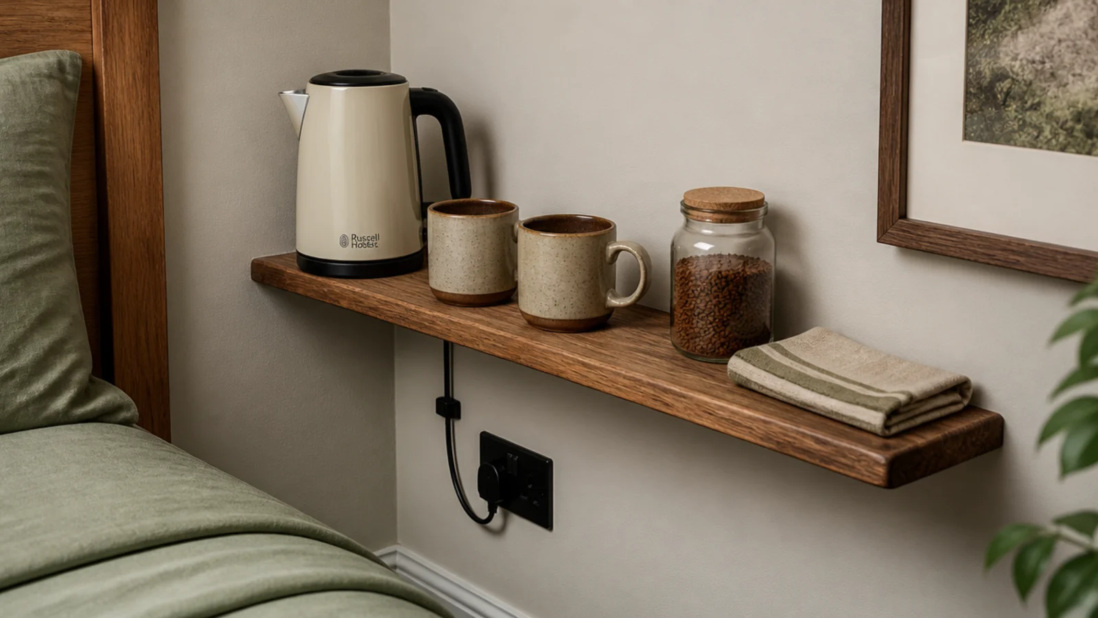 narrow shelf holding a kettle mugs and a jar of coffee