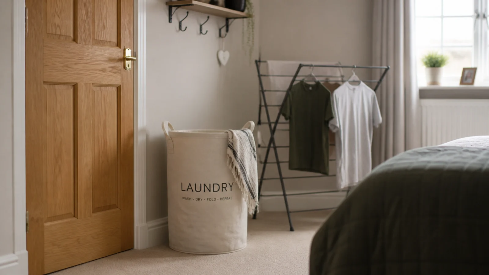laundry basket beside a bedroom door with a drying rail behind