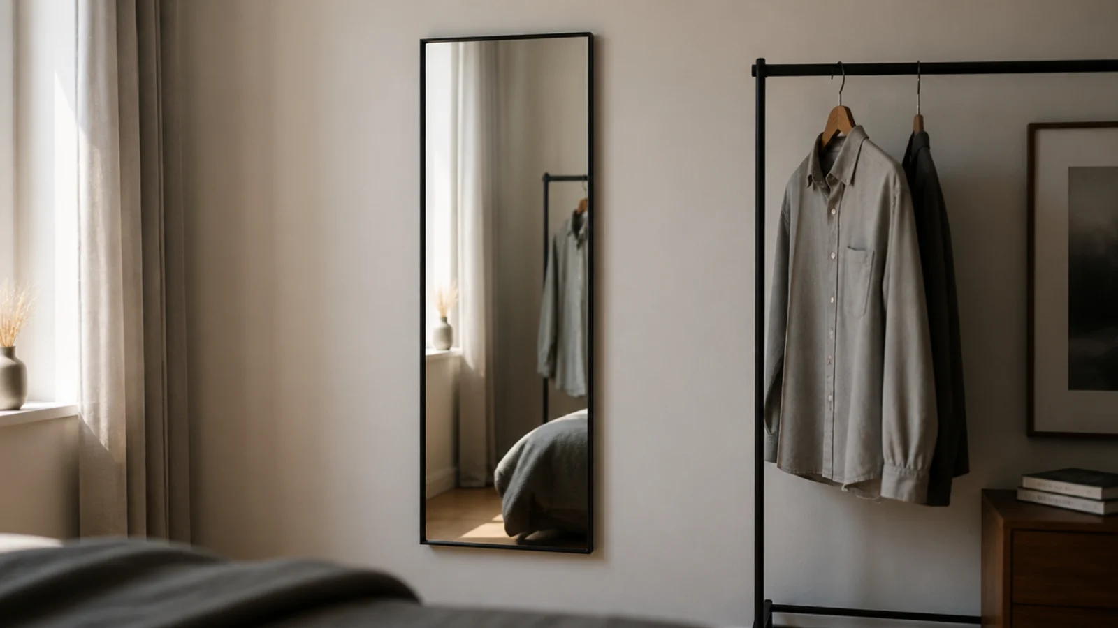full length mirror hung flat on a wall beside a wardrobe rail